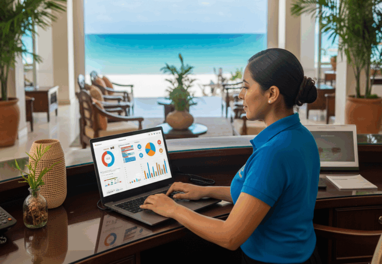 Recepcionista en hotel de playa en México usando laptop con estrategia digital de reservas